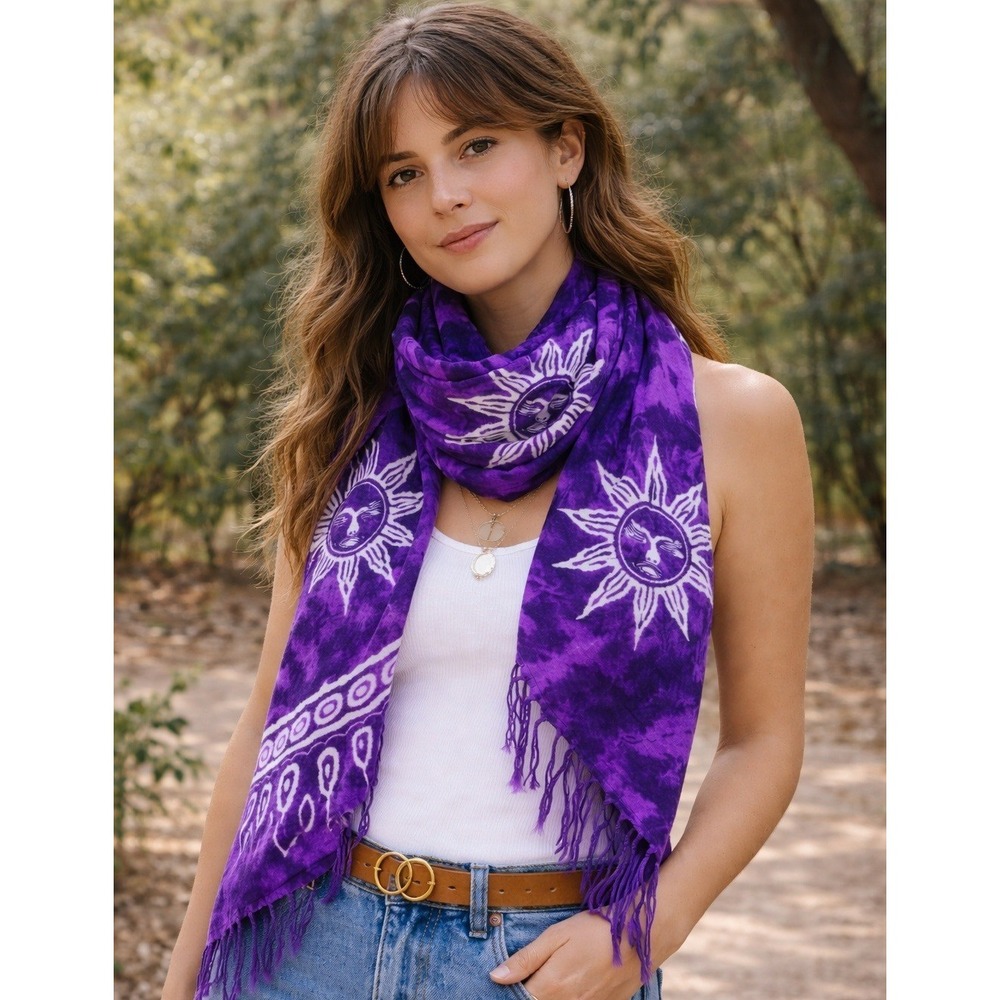 Vintage Celestial Tie Dye Fringe Scarf Sun Moon Boho‎ Festival Wrap Purple